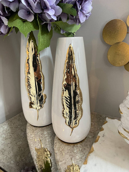 Glam Style White Ceramic Tall Vase Gold Leaf Design: Large