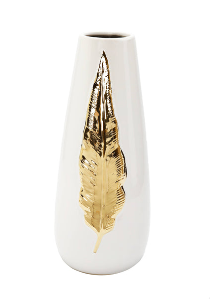 glam style White Ceramic Tall Vase Gold Leaf Design: Large