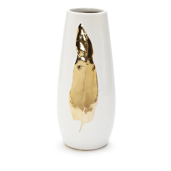 glam style White Ceramic Tall Vase Gold Leaf Design