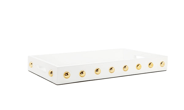 Glam Style White Decorative Serving Tray With Shiny Gold Ball Design
