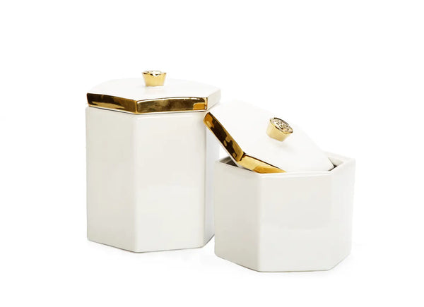 Glam Style White Hexagon Shaped Box With Gold Flower Knob On Cover