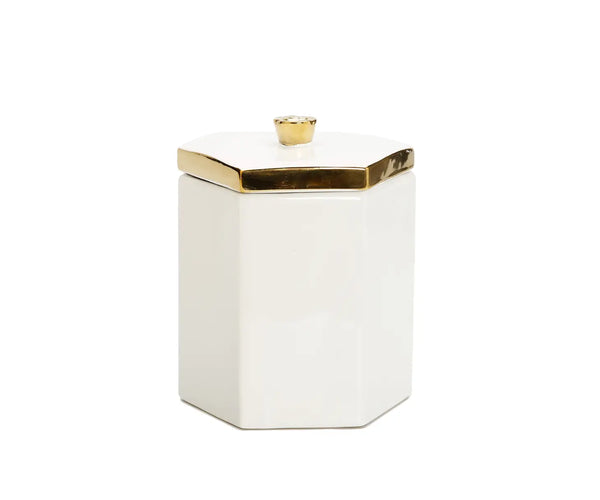 glam style White Hexagon Shaped Box with Gold Flower Knob on Cover