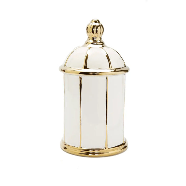 Glam Style White Jar With Round Dome Cover Thin Gold Stripe Design 12"H