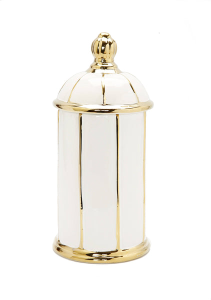 glam style White Jar with Round Dome Cover Thin Gold Stripe Design 12"H