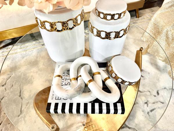 glam style White Marble Chain Link Decor with Brass Detail