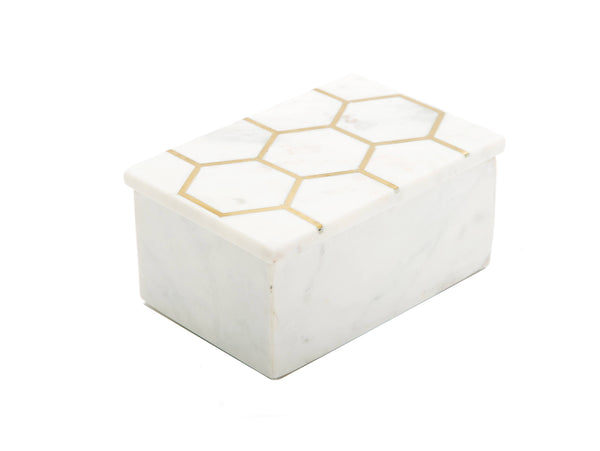 Glam Style White Marble Decorative Box W/ Gold Hexagon Design On Cover