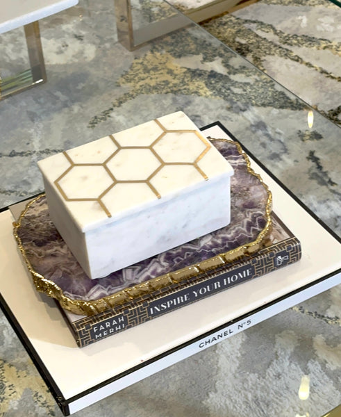 glam style White Marble Decorative Box w/ Gold Hexagon Design on Cover
