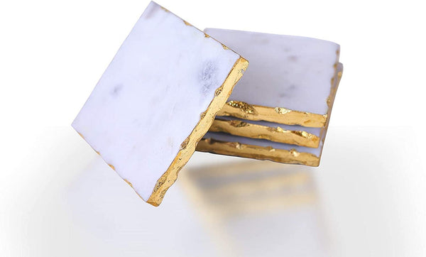 glam style White Marble-Square Coasters with Gold Foiling Set of 4