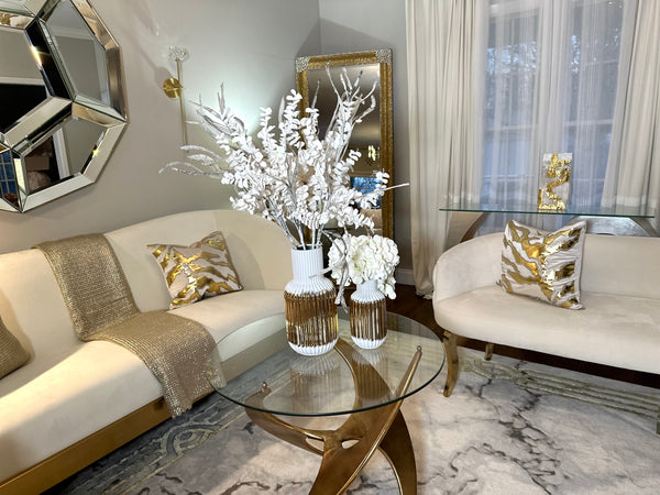 Glam Style White Porcelain Vase Gold Striped Design