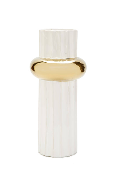glam style White Ripple Design Vase with Gold Ring 12"