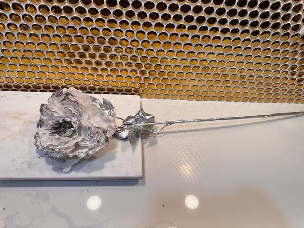 Glam Style White Silver Glittered & Sequin Peony Floral Stem 25.5"