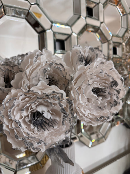Glam Style White Silver Glittered & Sequin Peony Floral Stem 25.5"