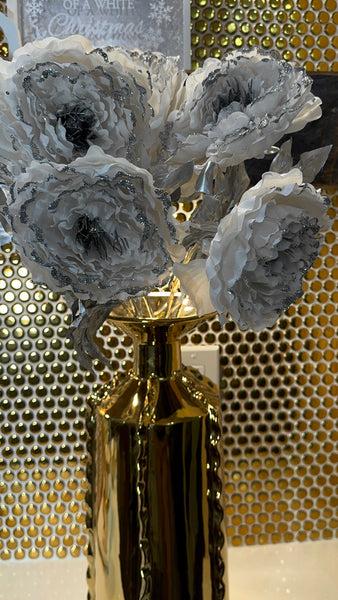 glam style White Silver Glittered & Sequin Peony Floral Stem 25.5"