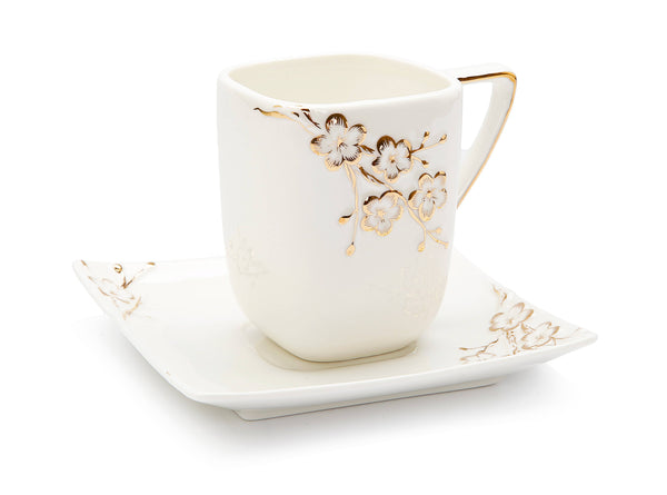 Glam Style White Square Tray And Mug With Gold Floral Artwork Design