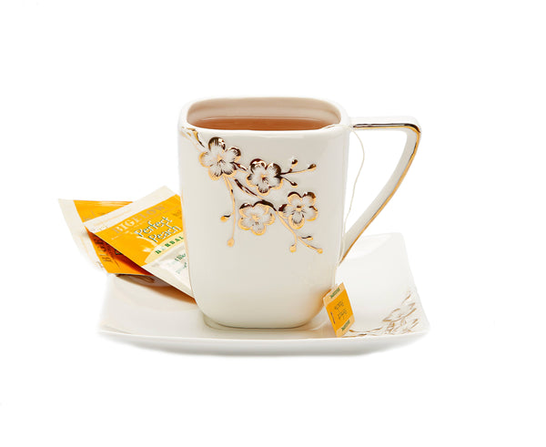 glam style White Square Tray and Mug with Gold Floral Artwork Design
