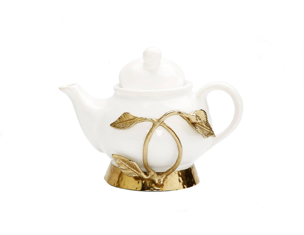 glam style White Tea Kettle with Leaf Design Ornament