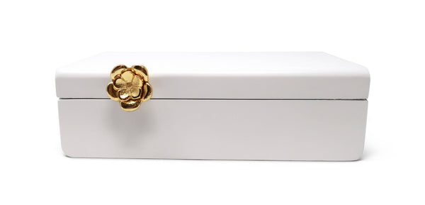 glam style White Wood Decorative Box with Gold Flower Detail