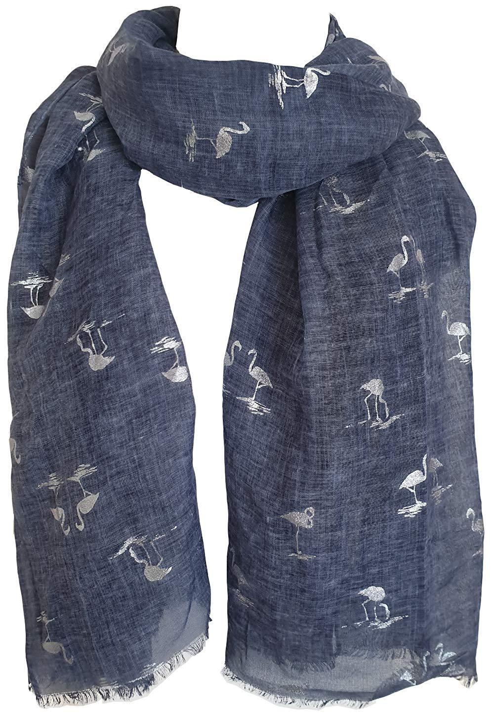 glamlondon GlamLondon Women's Flamingo Print Scarf Silver Foil Birds Wrap