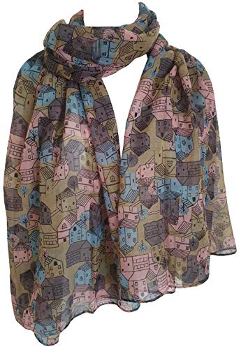 Glamlondon GlamLondon Womens Little Town Print Scarf Classic House Holiday Sun Summer Fashion Light Wrap