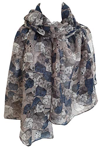 Glamlondon GlamLondon Womens Little Town Print Scarf Classic House Holiday Sun Summer Fashion Light Wrap