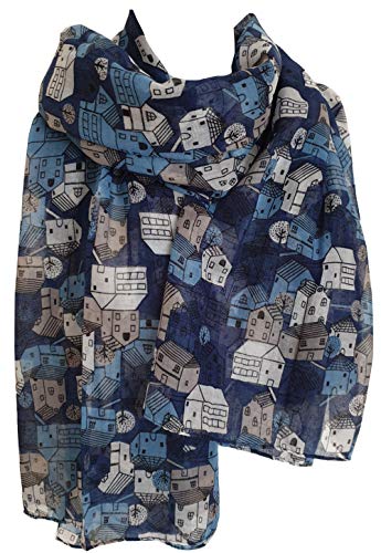 glamlondon GlamLondon Womens Little Town Print Scarf Classic House Holiday Sun Summer Fashion Light Wrap