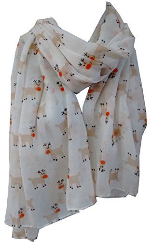 glamlondon Rudolph Christmas Scarf Red-Nosed Reindeer Printed Womens Big Xmas Scarves Gift