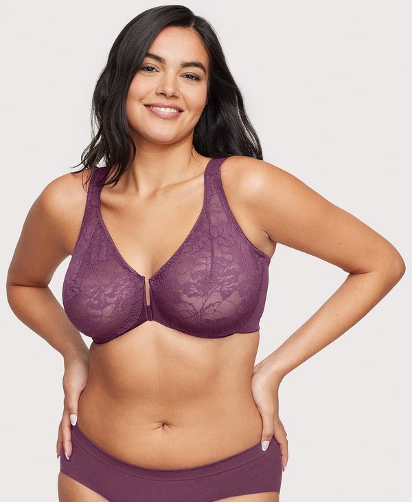 glamorise Front-Closure Lacey T-Back WonderWire Bra Black Plum