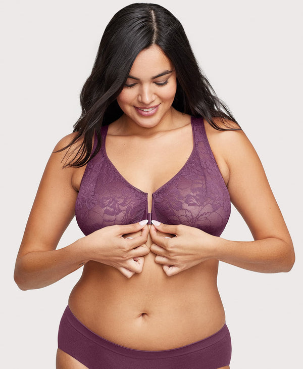 Glamorise Front-Closure Lacey T-Back WonderWire Bra Black Plum