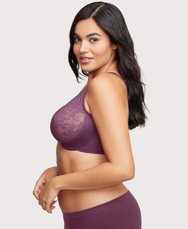 Glamorise Front-Closure Lacey T-Back WonderWire Bra Black Plum