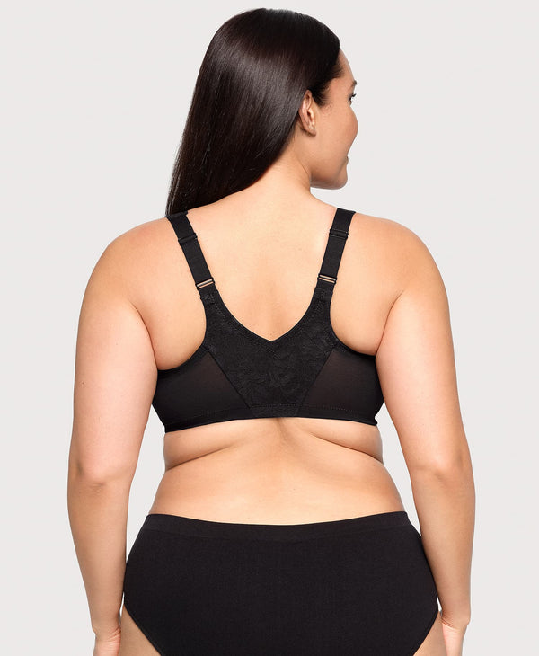 Glamorise Front-Closure Lacey T-Back WonderWire Bra Solid Black