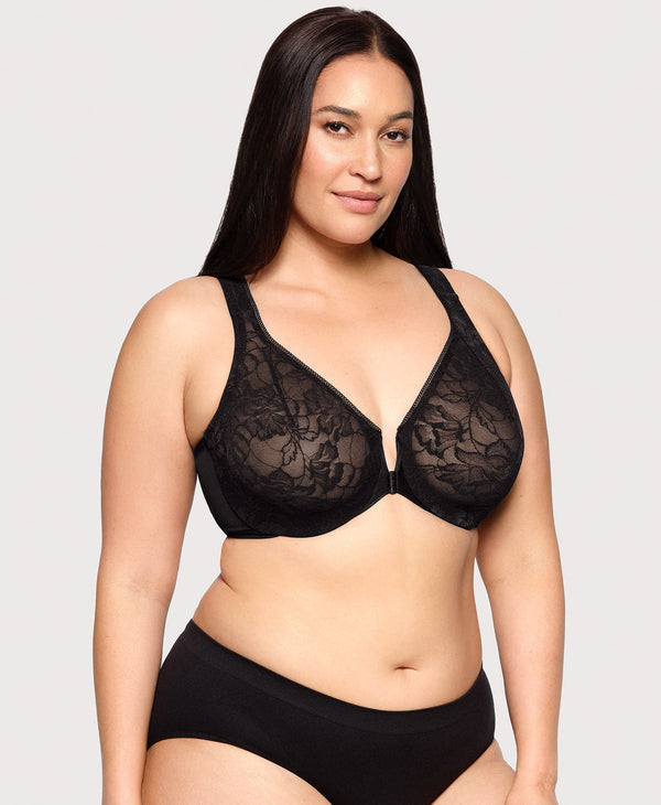 Glamorise Front-Closure Lacey T-Back WonderWire Bra Solid Black