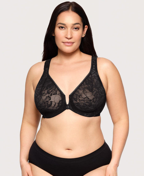 glamorise Front-Closure Lacey T-Back WonderWire Bra Solid Black