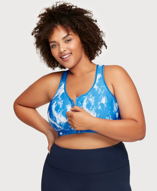 glamorise Front-Closure Zip Up Sports Bra Blue Tie-Dye