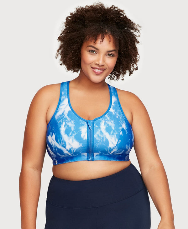Glamorise Front-Closure Zip Up Sports Bra Blue Tie-Dye