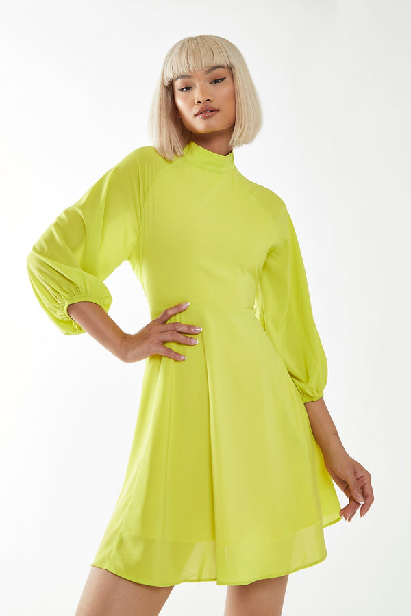glamorous Acid-Yellow High Neck Open Back Mini-Dress