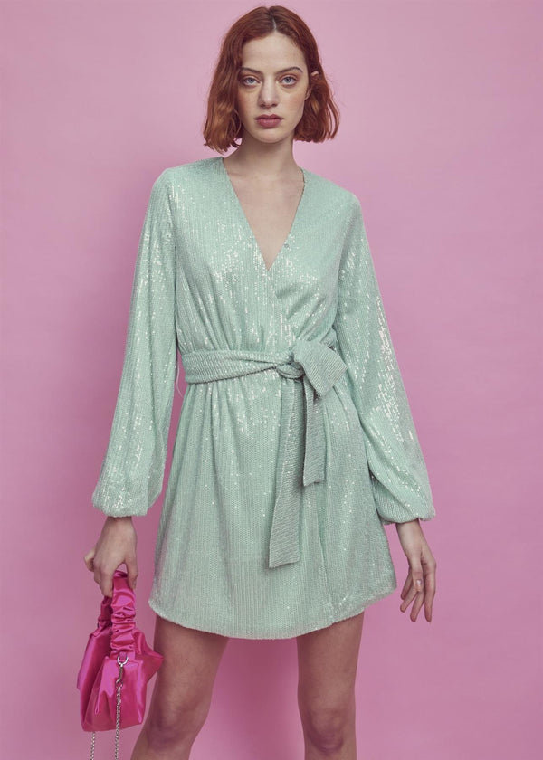 Glamorous Alice Tie-Waist Sequin Mini-Dress -Apple-Green Sequin