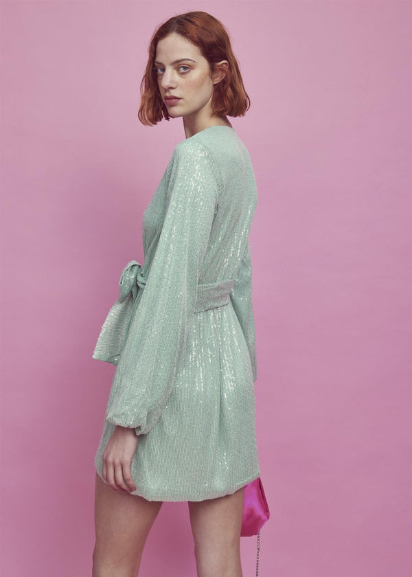 glamorous Alice Tie-Waist Sequin Mini-Dress -Apple-Green Sequin