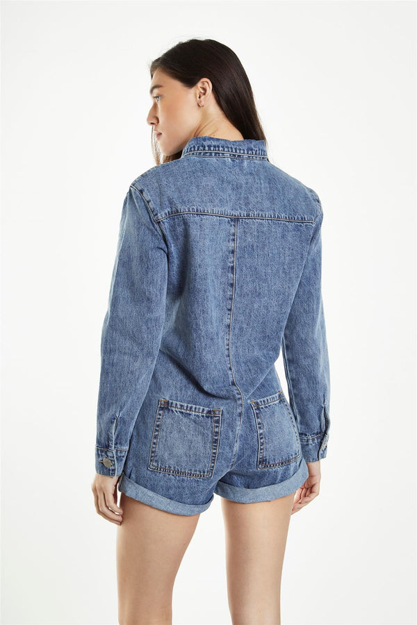 Glamorous Antique-Treatment Wash Boiler Denim-Playsuit