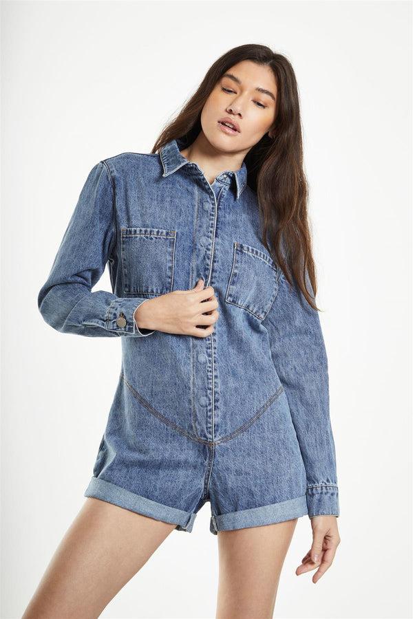 Glamorous Antique-Treatment Wash Boiler Denim-Playsuit