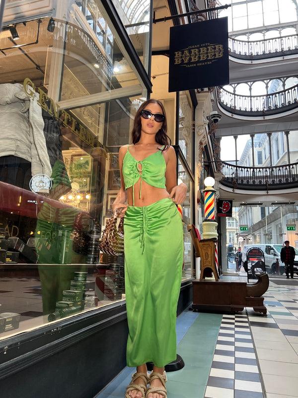 Glamorous Apple-Green Satin Ruched Keyhole Crop-top
