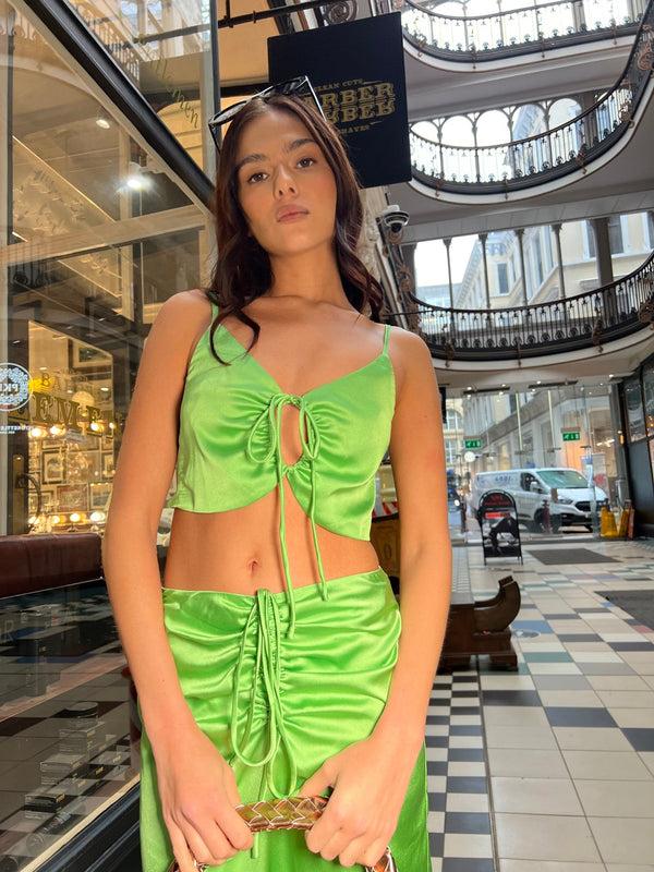 glamorous Apple-Green Satin Ruched Keyhole Crop-top