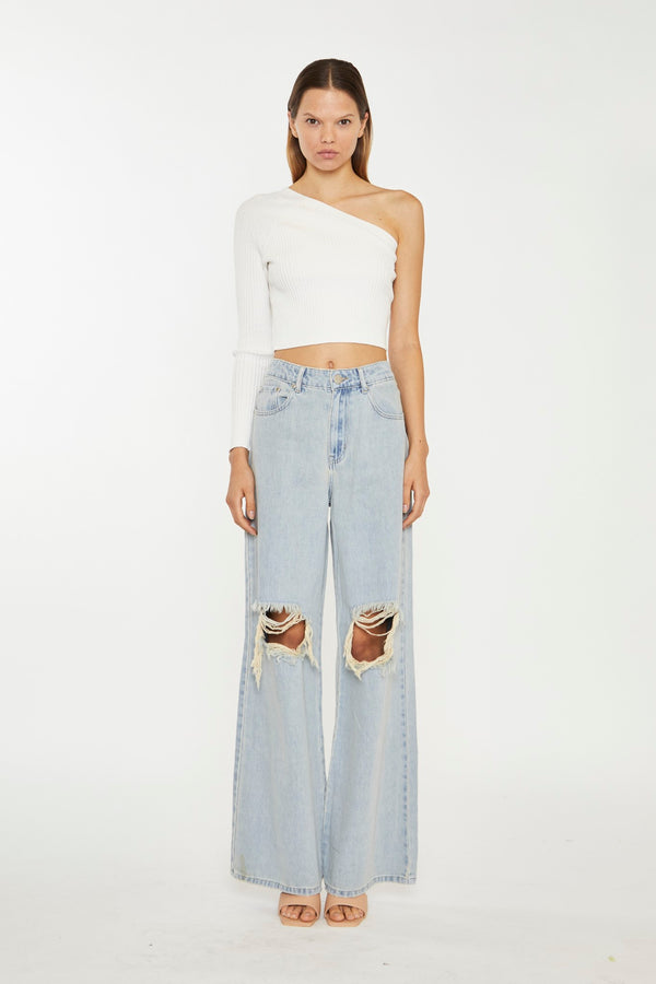 glamorous Authentic-Bleach-Wash Distressed Wide Leg Jeans