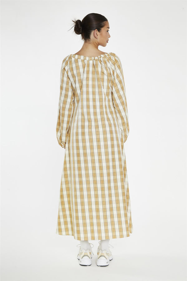 Glamorous Beige-Cream Check Gathered Tie-Neck Midi-Dress