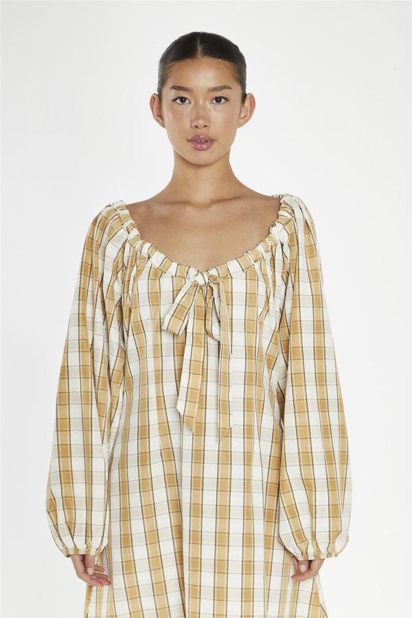 Glamorous Beige-Cream Check Gathered Tie-Neck Midi-Dress