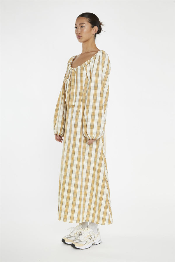 Glamorous Beige-Cream Check Gathered Tie-Neck Midi-Dress