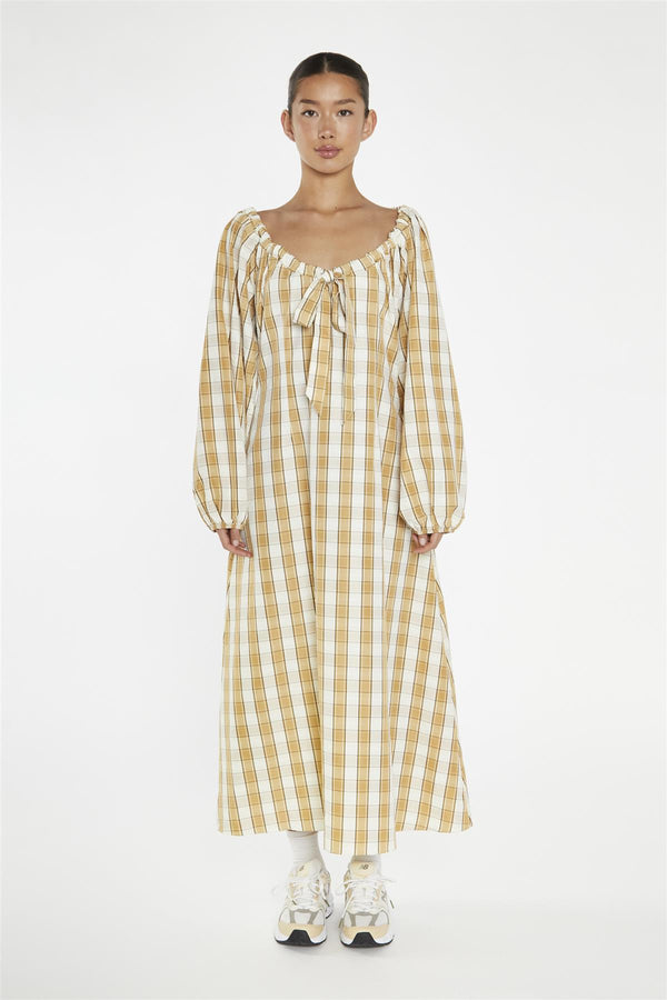 glamorous Beige-Cream Check Gathered Tie-Neck Midi-Dress