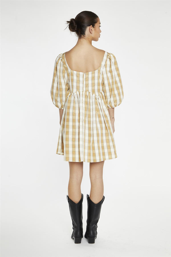 Glamorous Beige-Cream Check Square-Neck Smock Mini-Dress
