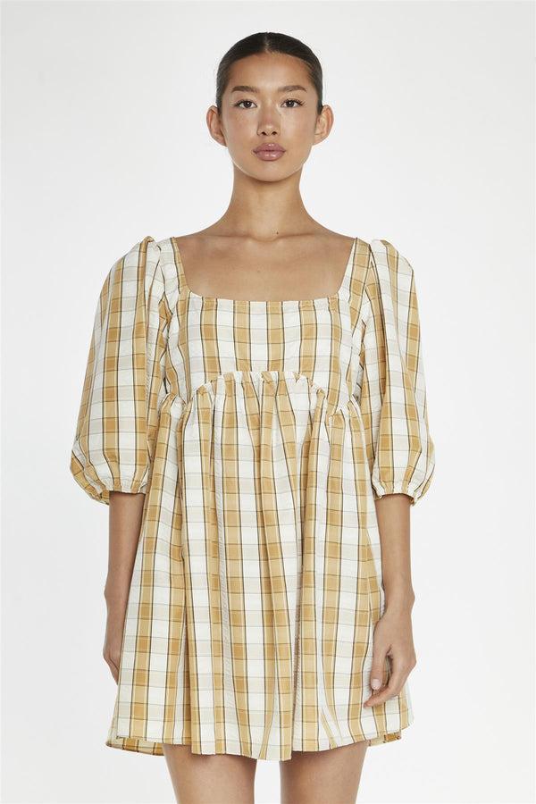 Glamorous Beige-Cream Check Square-Neck Smock Mini-Dress
