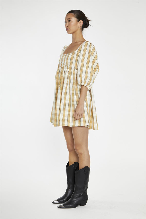 Glamorous Beige-Cream Check Square-Neck Smock Mini-Dress