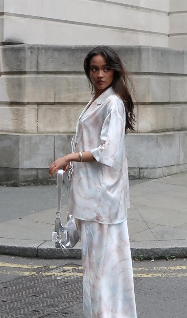 Glamorous Beige-Grey-Watercolour Bias-Cut-Maxi-Skirt